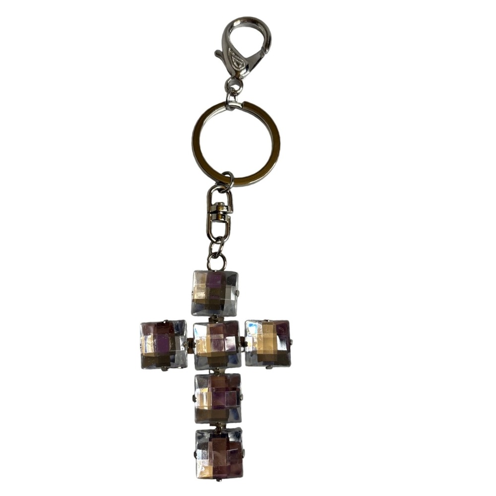 Sparkly Rhinestone Cross Keychain Charm Bag Purse Accessory Silver Tone